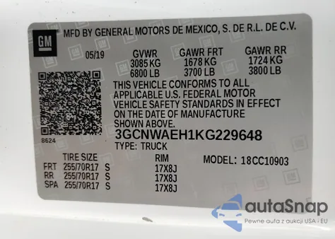 2019 Chevrolet Silverado C1500 z USA, uszkodzony, nr VIN 3GCNWAEH1KG229648